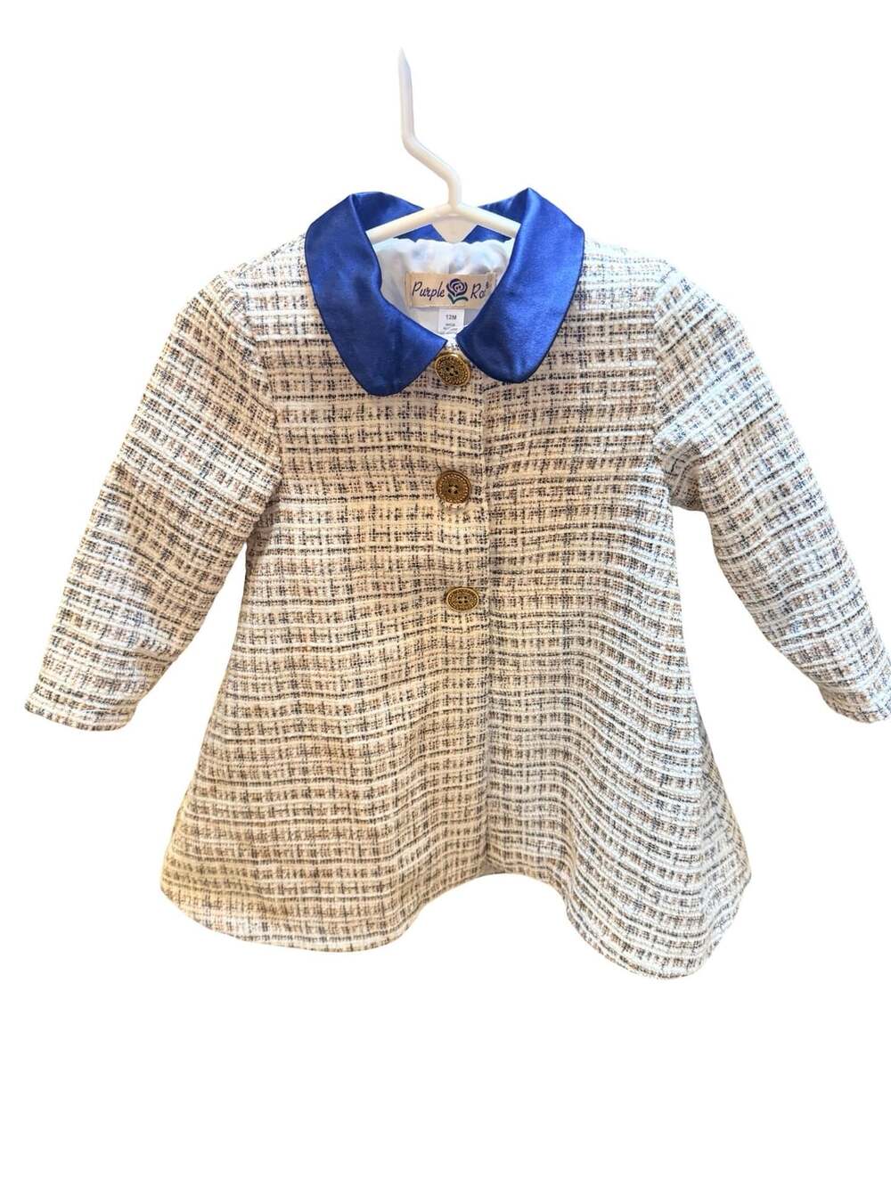 Purple Rose Girls Tweed Coat with Blue Collar 12M